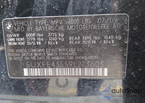 2009 BMW X5 xDrive30I z USA, uszkodzony, nr VIN 5UXFE43559L273603